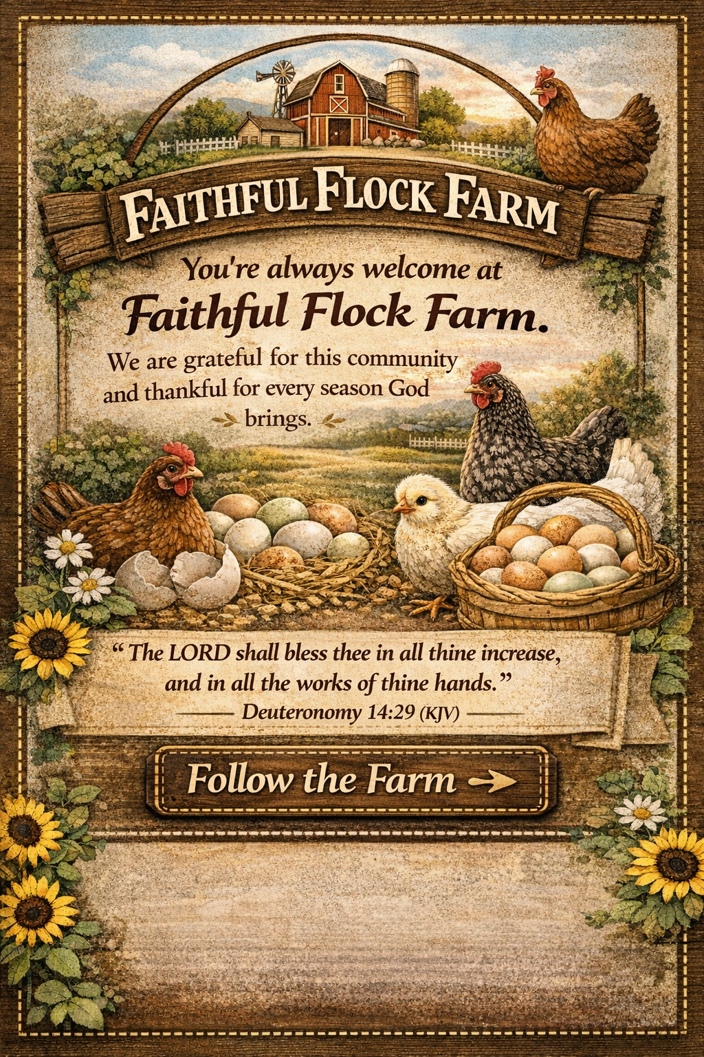 Rustic Faithful Flock Farm closing panel featuring hens, eggs, a farm barn and sunflowers, with welcoming text, a Bible verse from Deuteronomy 14:29, and a “Follow the Farm” button.